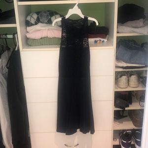 navy blue skater dress with lace detail